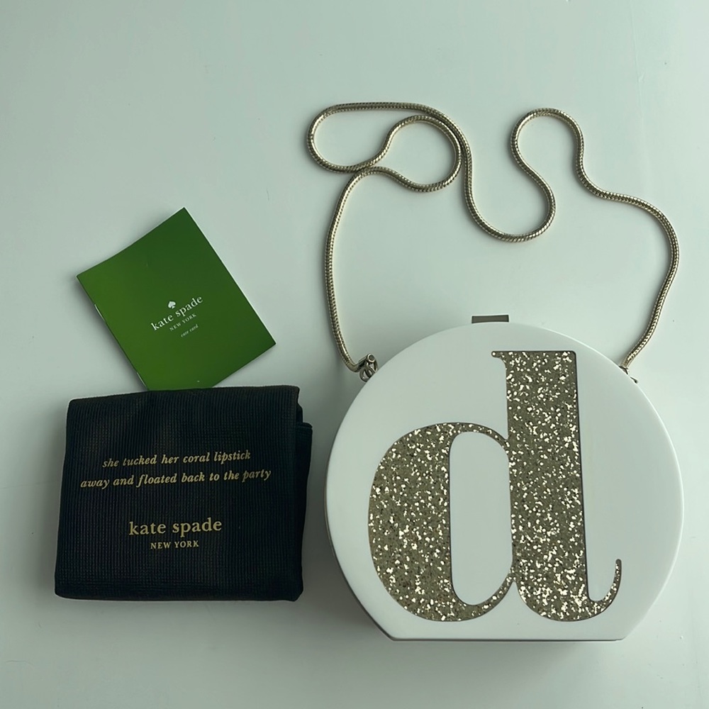 NEW Kate Spade “D” white + gold glitter purse with gold strap